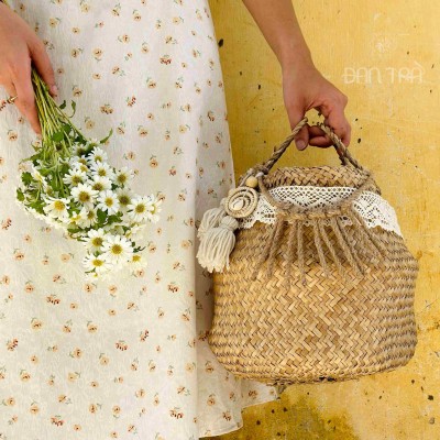 Boho Seagrass Basket with Macrame Accent