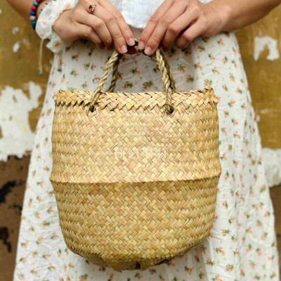 Boho Seagrass Basket with Macrame Accent