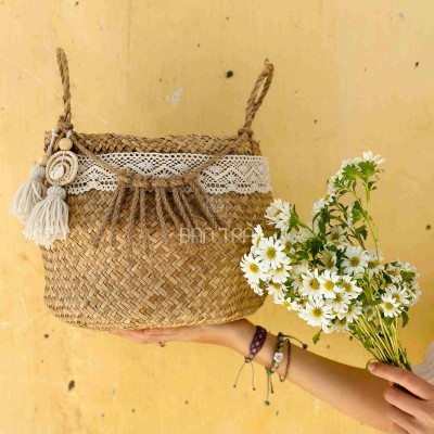 Boho Seagrass Basket with Macrame Accent