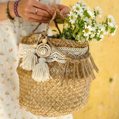 Boho Seagrass Basket with Macrame Accent